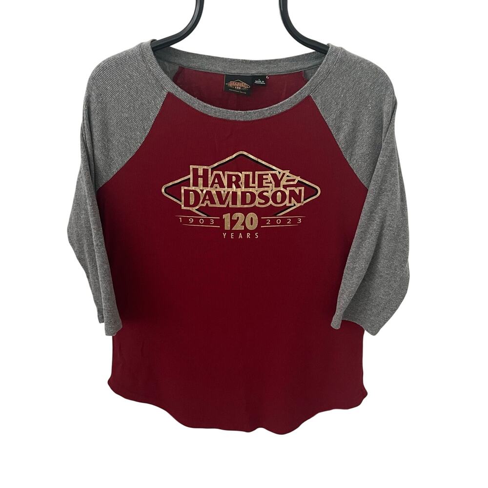 Harley Davidson Women’s L 120th Anniversary Raglan Shirt Red Gray 2023